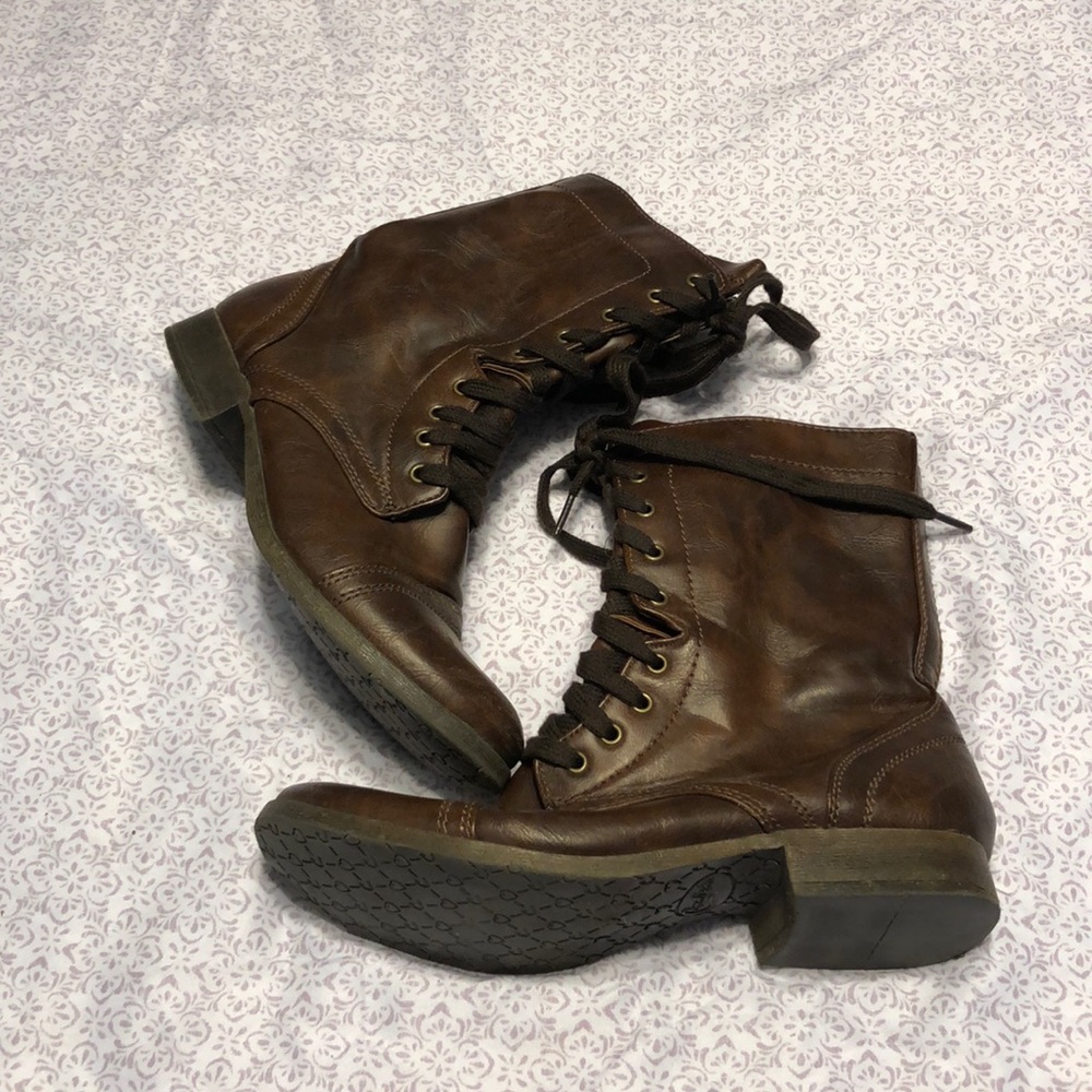 Brown combat boots.